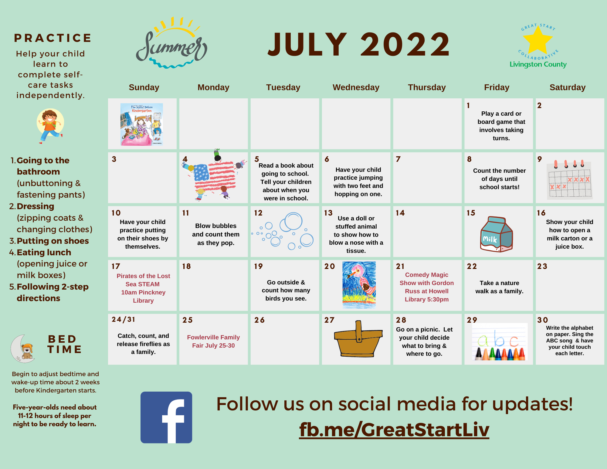 Summer Activity Calendar Great Start Livingston