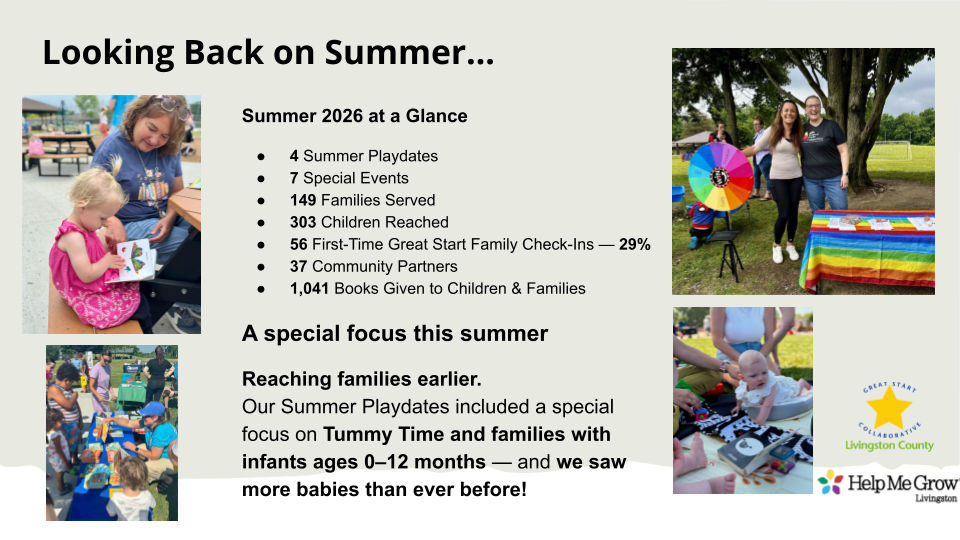 Great Start Livingston Summer 2026 impact including family playdates, community partners, books and infant tummy time activities
